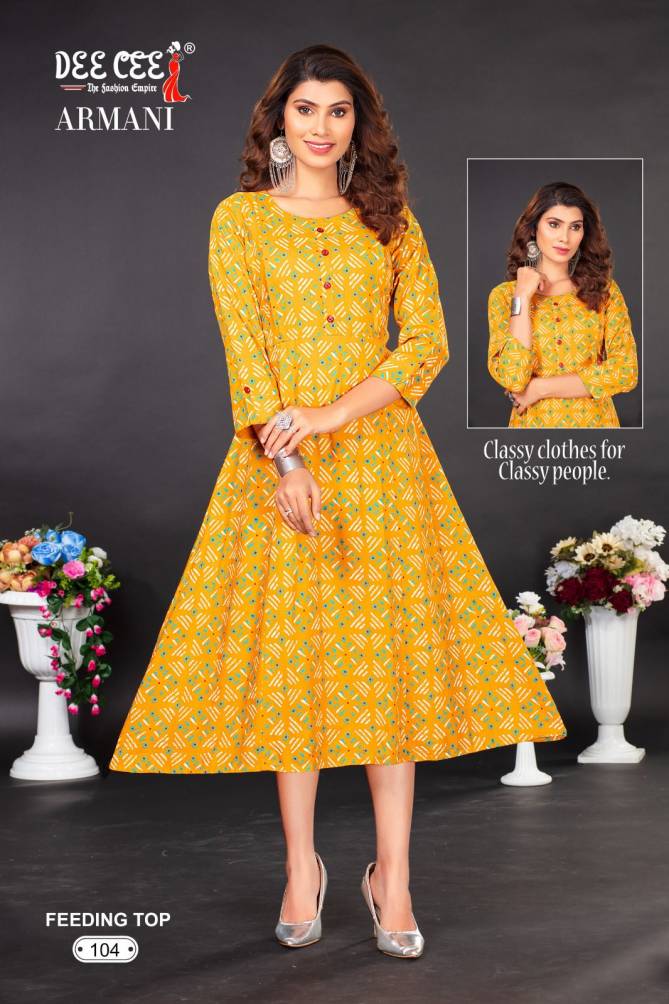 Armani By Dee Cee Flaired Rayon Printed Feeding Kurtis Wholesale Clothing Suppliers In India